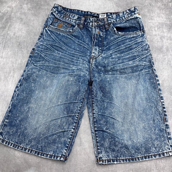 Rocawear Shorts Men 30W/31Wx13LBlue Acidwash Crease Hip Hop Y2K Button Flap - Picture 2 of 11
